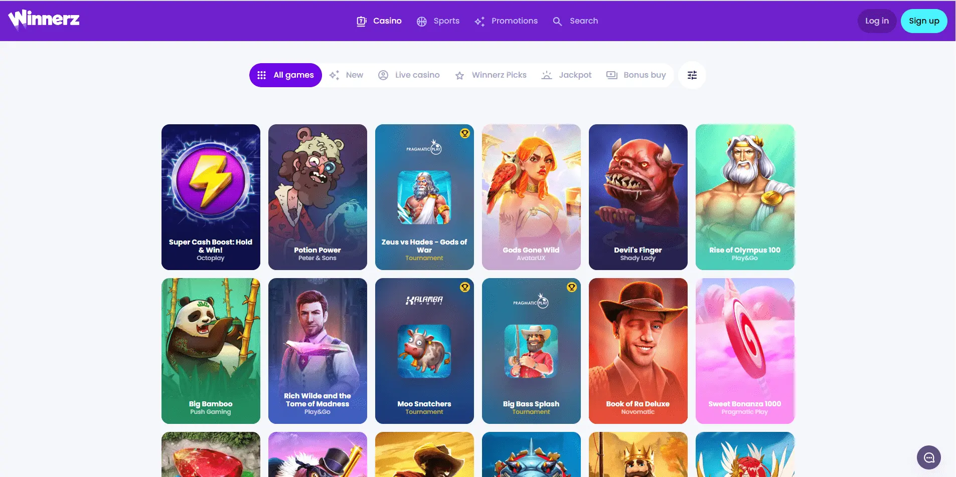 Winnerz Casino screenshot: game selection