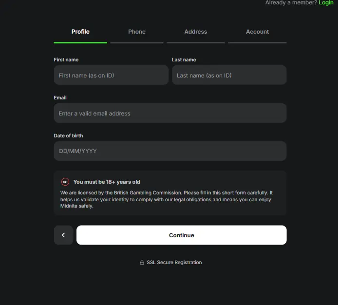 midnite casino online register