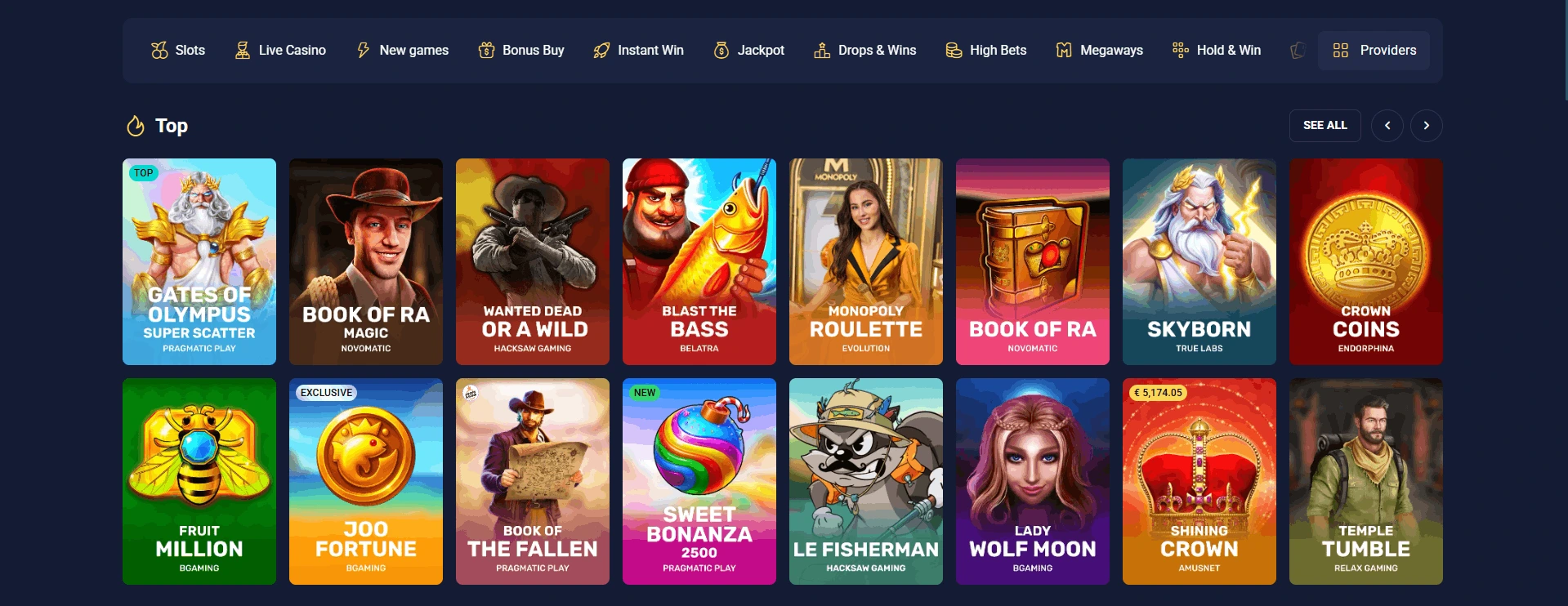 Sélection de jeux RNG et logos d'éditeurs de casinos en ligne